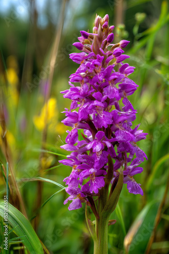 A close up of a single Early purple orchid on a sappy green meadow on a sunny early summer day.