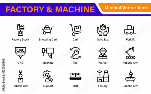 Factory and Machine Icons Collection. A Versatile Set for Industrial Design, Production Workflows, Machinery, Factory Management, and Engineering Solutions.