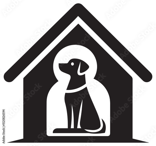 Black and White Dog Sitting Inside Dog House Icon Simple Graphic Pet Symbol