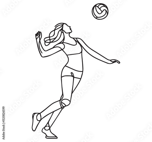Continuous Line Drawing of Female Volleyball Player Spiking Ball Minimalist Sports Art