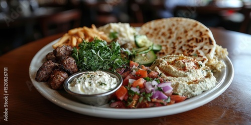 Plate with baba ghanoush, diced tomatoes, fresh parsley, naan bread, and cucumber yogurt dip served on a white dish. Generative by AI.