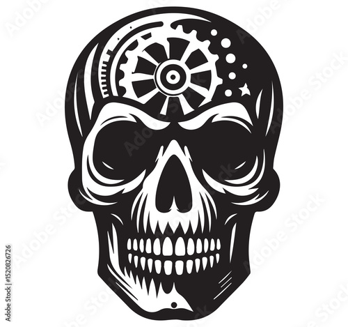 Striking Black and White Steampunk Skull Art with Intricate Mechanical Gears Illustration