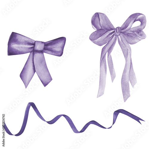 Watercolor illustration of satin purple bows and ribbons drawn by hand isolated on white background