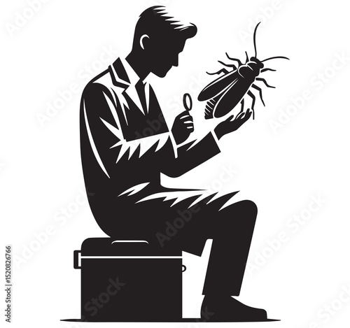 Retro Black White Graphic Silhouette Scientist Examining Insect with Magnifying Glass