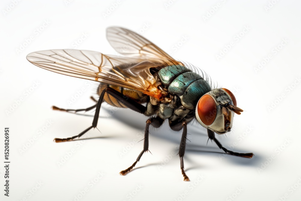 Close-up of a housefly showcasing intricate details of its body and wings in natural light Close-up of a housefly showcasing intricate details of its body and wings in natural light