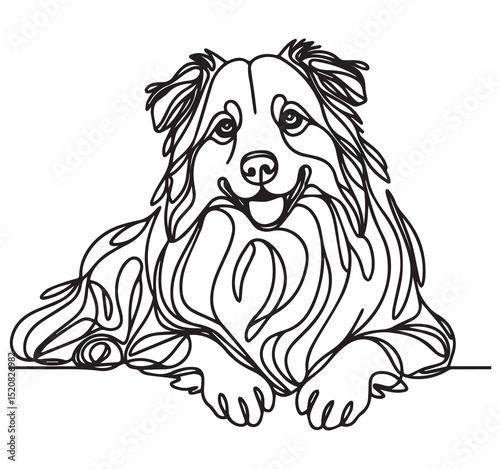 Abstract Continuous Line Art of a Lying Australian Shepherd Dog Black and White Vector
