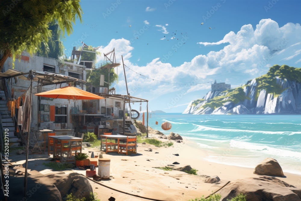 Naklejka premium Coastal village with beachside tables and vibrant landscape near clear water
