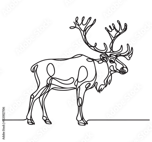 Minimalist Continuous Single Line Art Drawing of a Standing Reindeer with Antlers Black and White Caribou Illustration