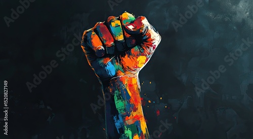 An artistic illustration of an arm raised in a fist pose, with multicolored paint on it and silhouettes behind representing different ethnicities.