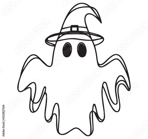 Halloween Ghost Coloring Page with Witch Hat Black and White Line Art