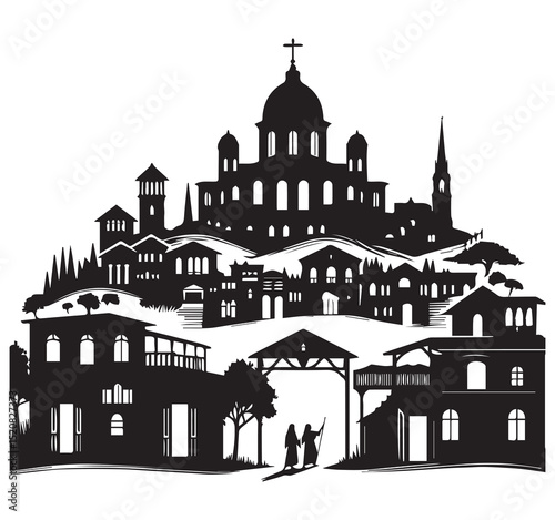 Black Silhouette Graphic Art of Ancient Bethlehem Town Biblical Nativity Scene with Church Dome