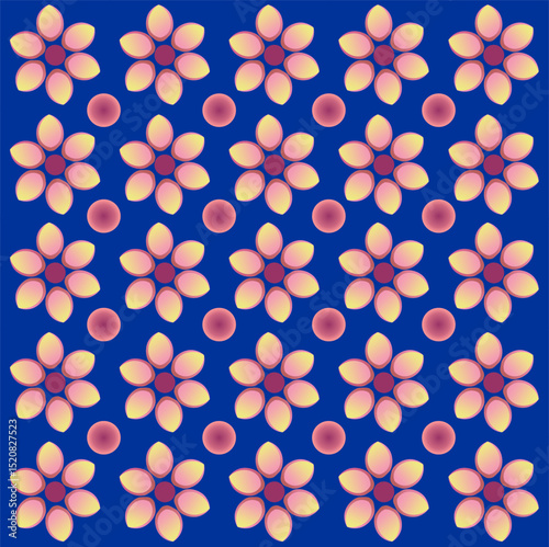 A vibrant floral tile pattern with glowing pink-yellow petals and magenta centers on a deep blue background, evoking luminous harmony.