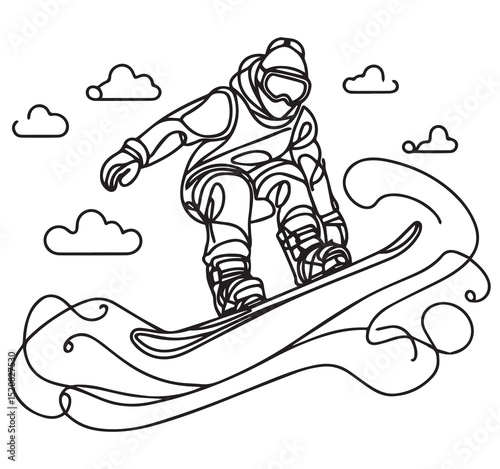 Continuous Line Art Snowboarder Illustration Outline Drawing Winter Sport with Clouds Abstract Waves
