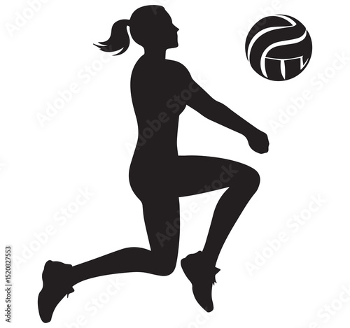 Dynamic Black Silhouette of Female Volleyball Athlete Jumping Hitting Ball Sport Action