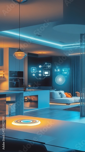 Futuristic living space showcasing smart home technology and modern design