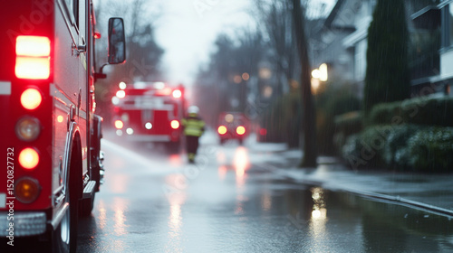 Firefighting scene with fire trucks and blurred firefighter on wet street
