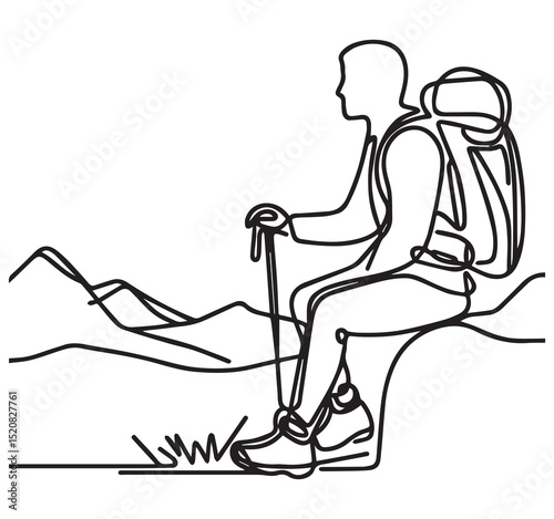 Black And White Continuous Line Art Drawing Hiker Sitting Resting With Backpack Poles Enjoying Mountain Nature View Landscape