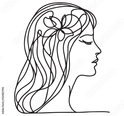 Elegant Minimalist Line Art Woman Profile Drawing with Flower in Hair Simple Beauty Illustration