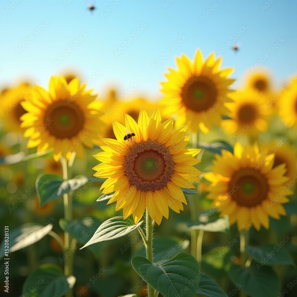 Obraz premium vibrant sunflowers cultivated textured crop field clear blue sky, textures, plant, blossom, yellow, nature, harvest, vibrancy, agriculture, growth