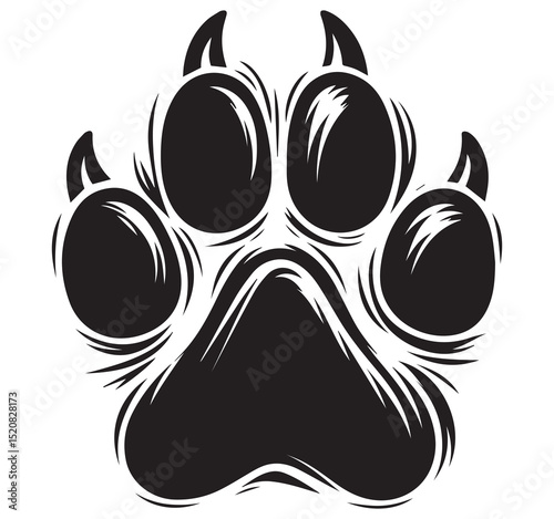 Highly Detailed Black Stylized Paw Print with Sharp Claws - Predator Animal Track Design Element