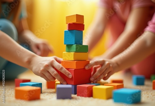 vibrant colorful building blocks stacked creative collaboration imaginative play educational tools kid toy set, tower, structure, design, games, imagination