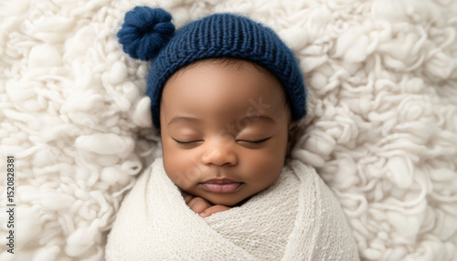 Newborn african american baby wrapped in soft blankets wearing a blue hat, background