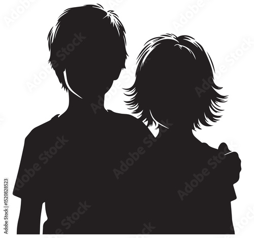 High Contrast Black Silhouette of Two Children Together - Boy and Girl Graphic Illustration