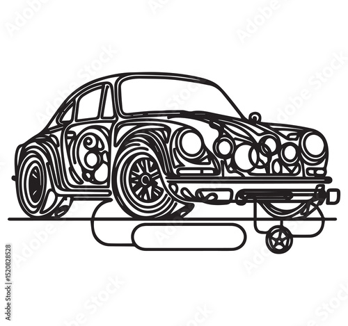 Intricate Swirling Pattern Line Art Drawing of a Classic Vintage Car Black and White Vector Illustration