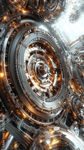 Futuristic metallic machinery with intricate cogs, wheels, and detailed structural elements