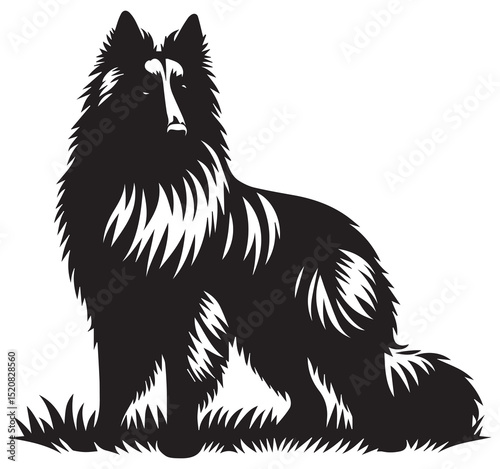 Fluffy Collie Dog Black Silhouette Sitting in Grass Black and White Vector Graphic