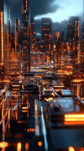Futuristic metropolis at twilight, a symphony of light and towering structures