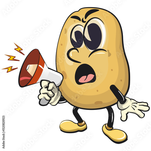 cute cartoon potato mascot vector out loud with loudspeaker, happy smiling character isolated on transparent background, work of hand drawn