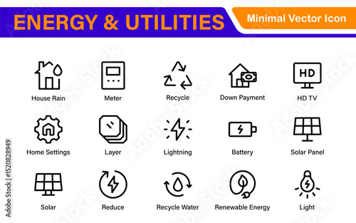 Renewable Energy and Utilities Icon Pack – Vector Line Illustrations for Solar, Wind, Electric Power, Sustainable Energy, and Environmental Designs