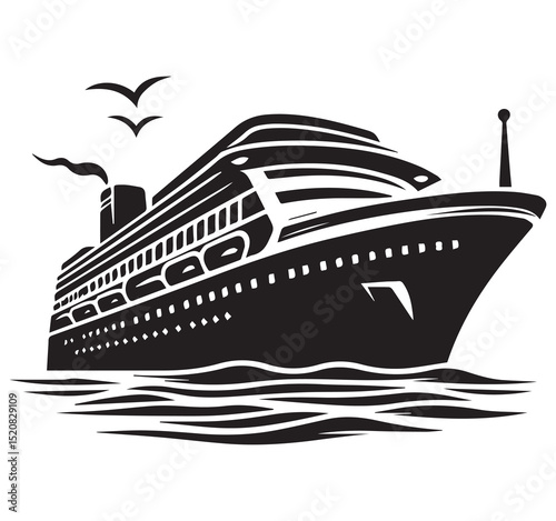 Black and White Cruise Ship Vector Illustration Sailing on Ocean Waves Travel Vacation Journey Art