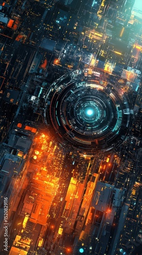 Futuristic Metropolis: High-Tech Cityscape with Circular Focal Point Illumination