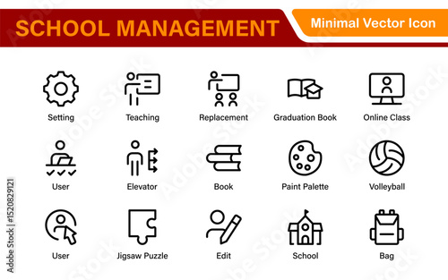 School Administration Icon Set – Modern Outline Line Vector Illustrations for Classroom, Timetable, Attendance, and Education Management Systems