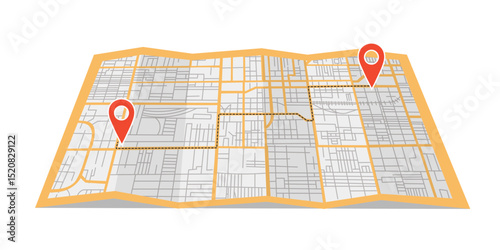 Street map of city and travel destination pins lying down on the surface in flat style. Concept of travel, destination, location, route. Vector background.