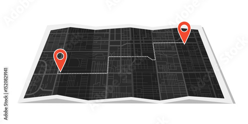 Black city map with travel destination pins lying down on the surface in flat style. Concept of travel, destination, location, route. Vector background.