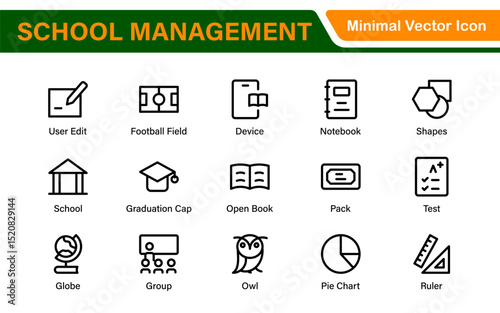 School Administration Icon Set – Modern Outline Line Vector Illustrations for Classroom, Timetable, Attendance, and Education Management Systems
