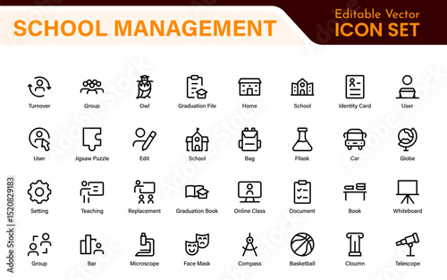 School Administration Icon Set – Modern Outline Line Vector Illustrations for Classroom, Timetable, Attendance, and Education Management Systems