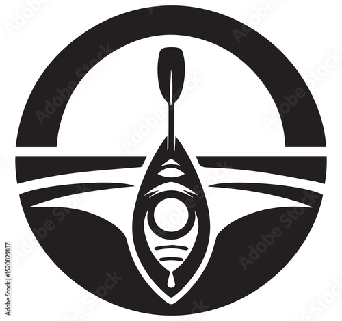 Black White Kayak Paddle Graphic Icon Circle Frame Water Horizon Outdoor Adventure
