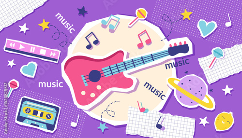 Colorful music retro collage banner with guitar, cassette, planet, notes, lollipops. Concept of music, disco, 90s. Vector background. 