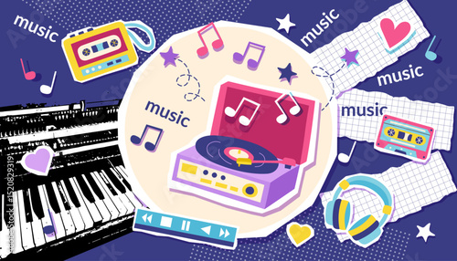 Colorful music retro collage banner with vinyl record player, headphones, cassettes, cassette player, piano photo. Concept of music, 90s. Vector background. 