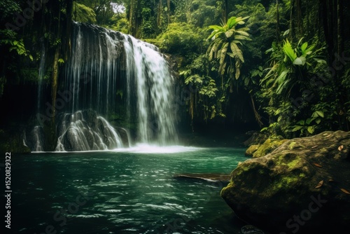 Majestic waterfall cascades into tranquil pool amidst lush tropical vegetation