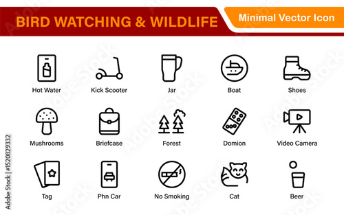 Bird Watching Wildlife Icon Set – Minimal Line Vector Illustrations for Nature, Animals, Birds, Outdoors, and Wildlife Conservation Projects