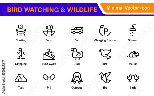 Bird Watching Wildlife Icon Set – Minimal Line Vector Illustrations for Nature, Animals, Birds, Outdoors, and Wildlife Conservation Projects
