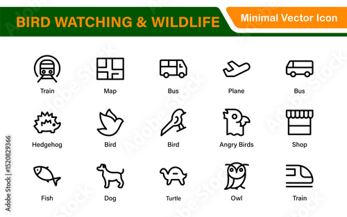 Bird Watching Wildlife Icon Set – Minimal Line Vector Illustrations for Nature, Animals, Birds, Outdoors, and Wildlife Conservation Projects