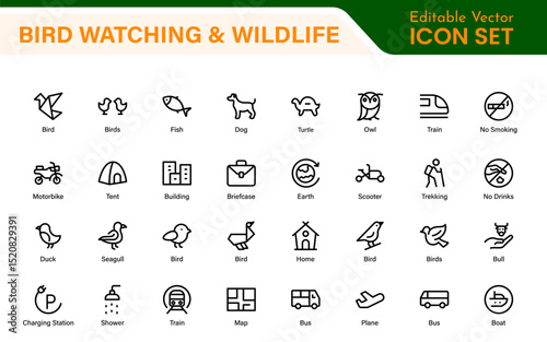 Bird Watching Wildlife Icon Set – Minimal Line Vector Illustrations for Nature, Animals, Birds, Outdoors, and Wildlife Conservation Projects