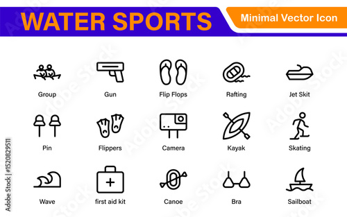 Water Sports Icon Set – Vector, Outline, and Minimal Line Art Illustrations for Surfing, Swimming, Beach Activities, and Outdoor Designs
