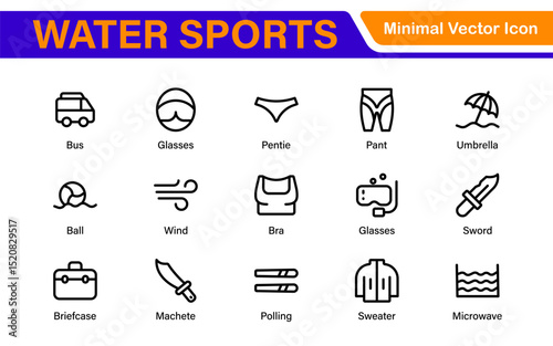 Water Sports Icon Set – Vector, Outline, and Minimal Line Art Illustrations for Surfing, Swimming, Beach Activities, and Outdoor Designs
